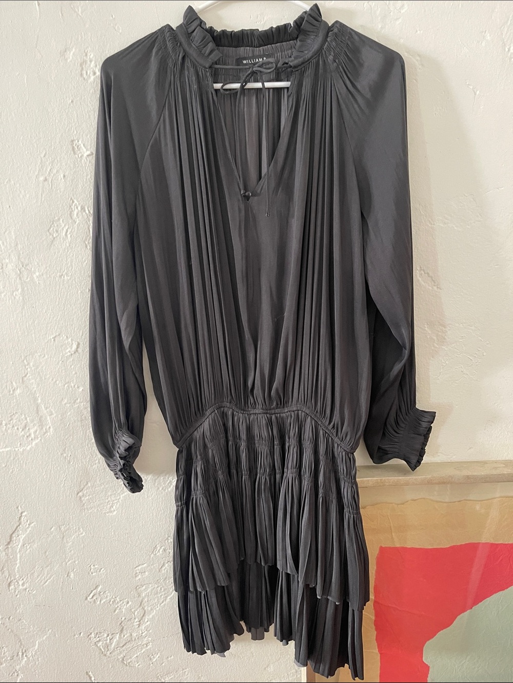 William B Charcoal Pleated Long-Sleeve Tiered Mini Dress